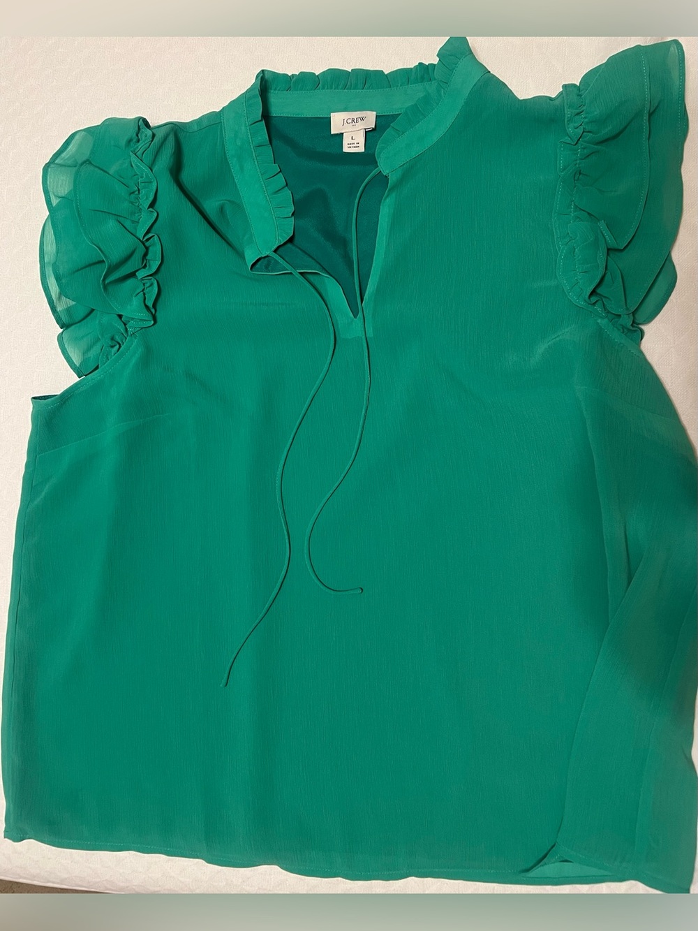 Women’s J. Crew Green Ruffle-Sleeve Tie-Neck Blouse size Large